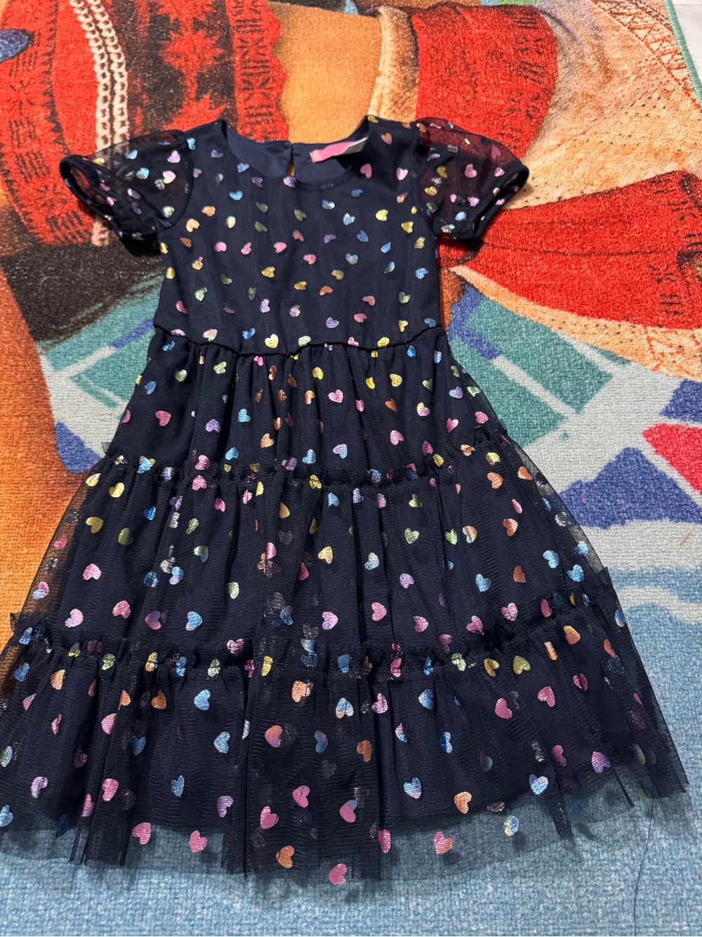 Girls' Navy Blue Heart Print Tiered Tulle Dress